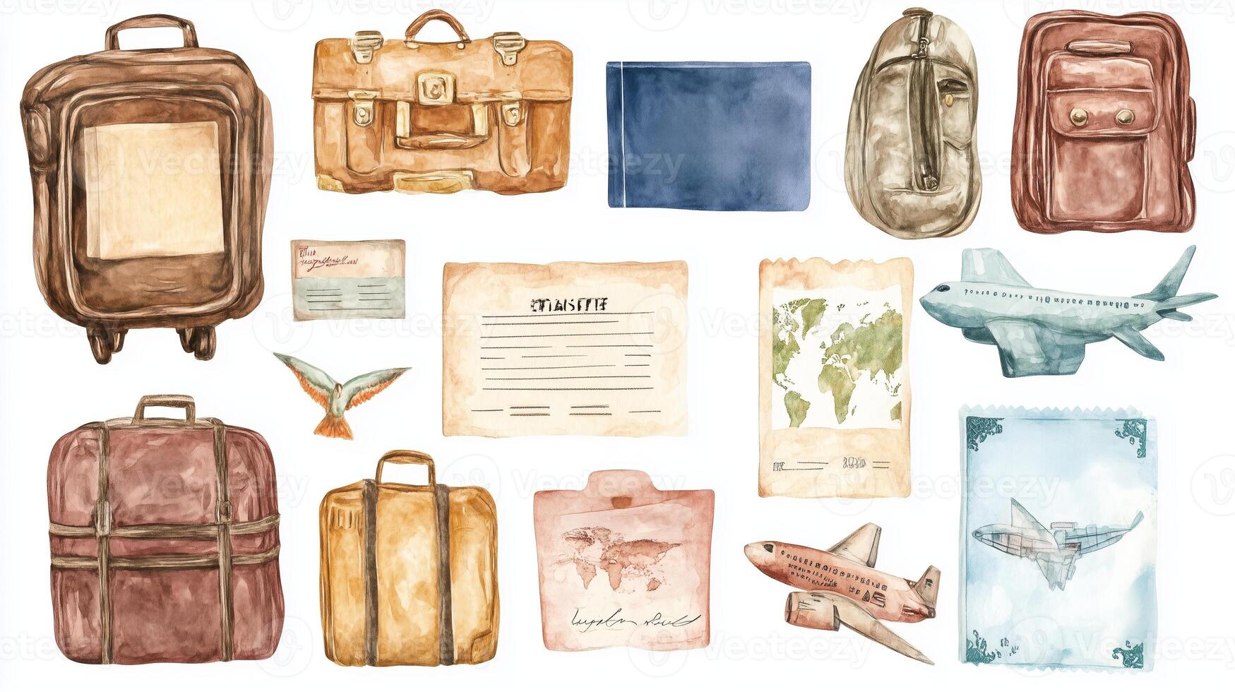 Travel essentials and artifacts arranged in a creative layout showcasing bags, documents, and travel items with a vintage aesthetic photo