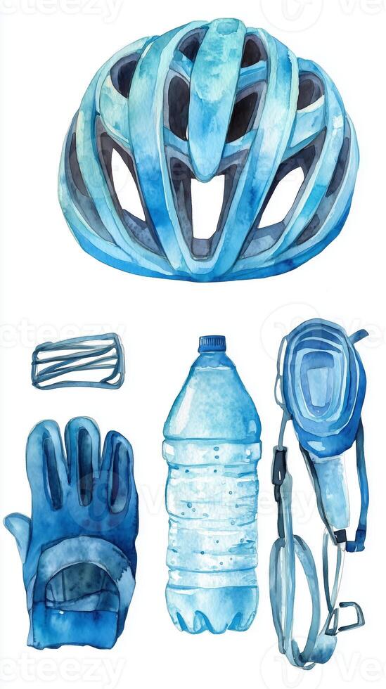 Essential cycling gear layout with a blue helmet, gloves, and hydration supplies for outdoor biking adventures photo