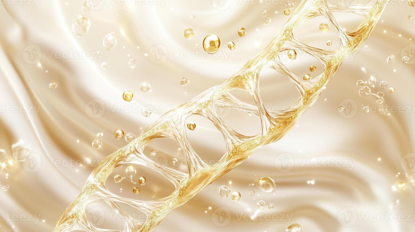 Golden liquid swirls with bubbles creating a mesmerizing pattern on a soft, light tan background photo