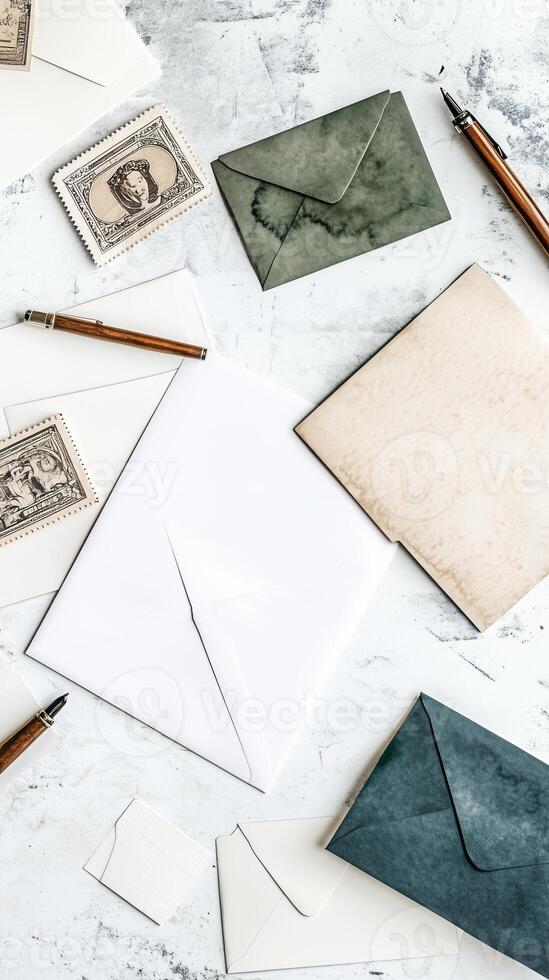 Arranged craft supplies featuring envelopes, stamps, and pens on a textured surface at a creative workspace photo