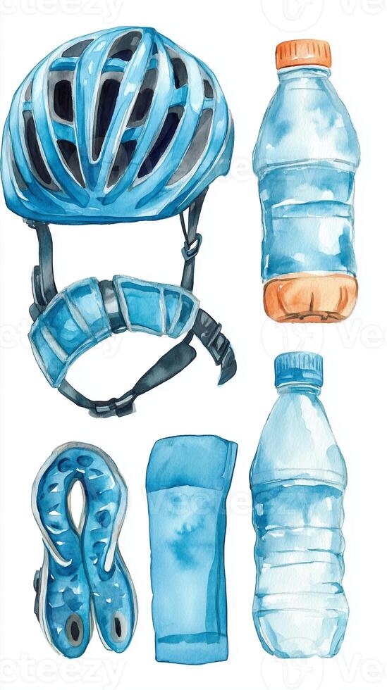 Watercolor illustration of a blue cycling helmet and water bottles arranged neatly on a white background photo