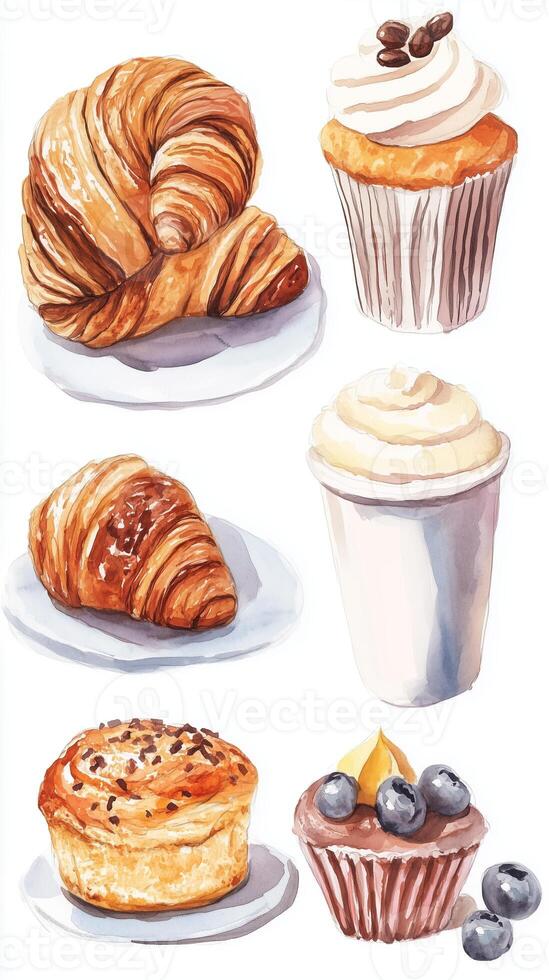 Variety of freshly baked pastry items and desserts presented on white plates against a clean backdrop photo