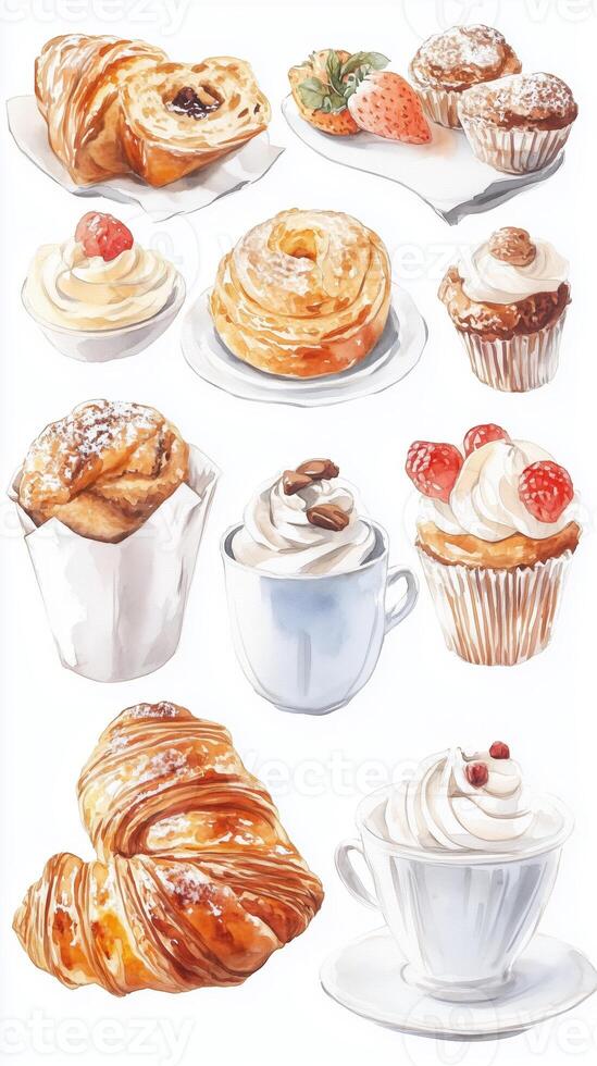 Delicious assortment of pastries and desserts presented elegantly on white plates with cream and fruit toppings photo