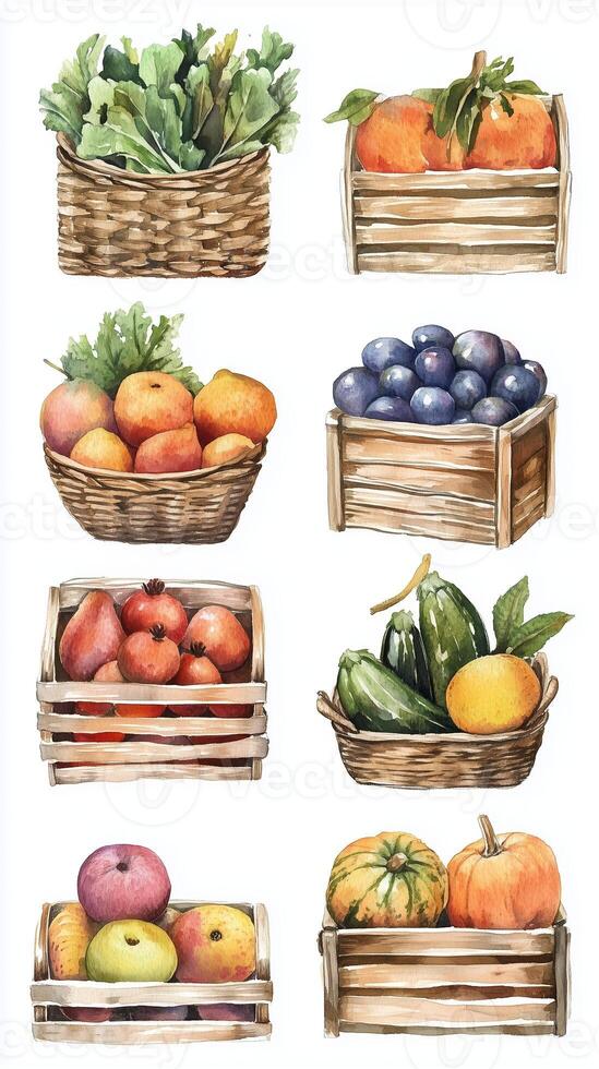 Colorful assortment of fresh fruits and vegetables in wooden baskets showcased at an autumn market photo