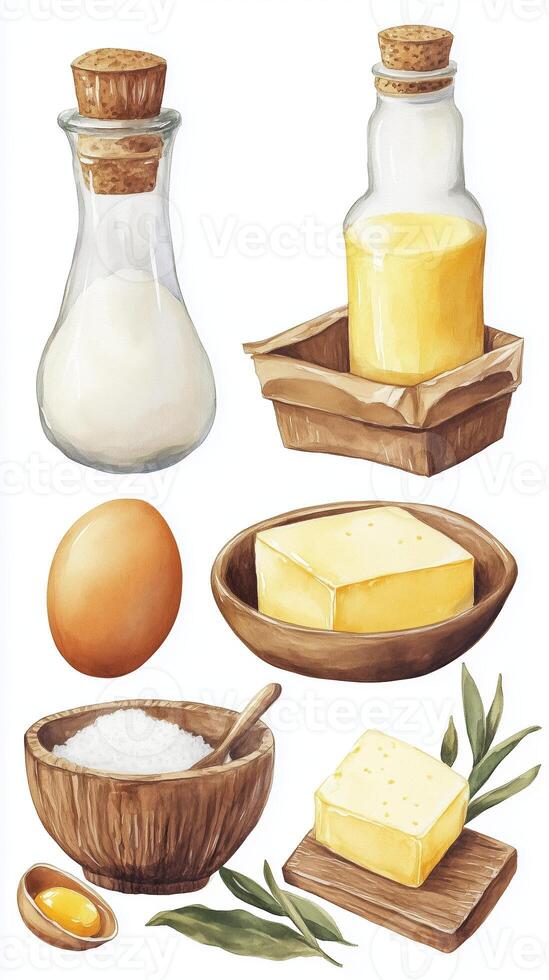 Ingredients for baking displayed on a white background featuring salt, sugar, butter, eggs, and oil with wooden containers photo