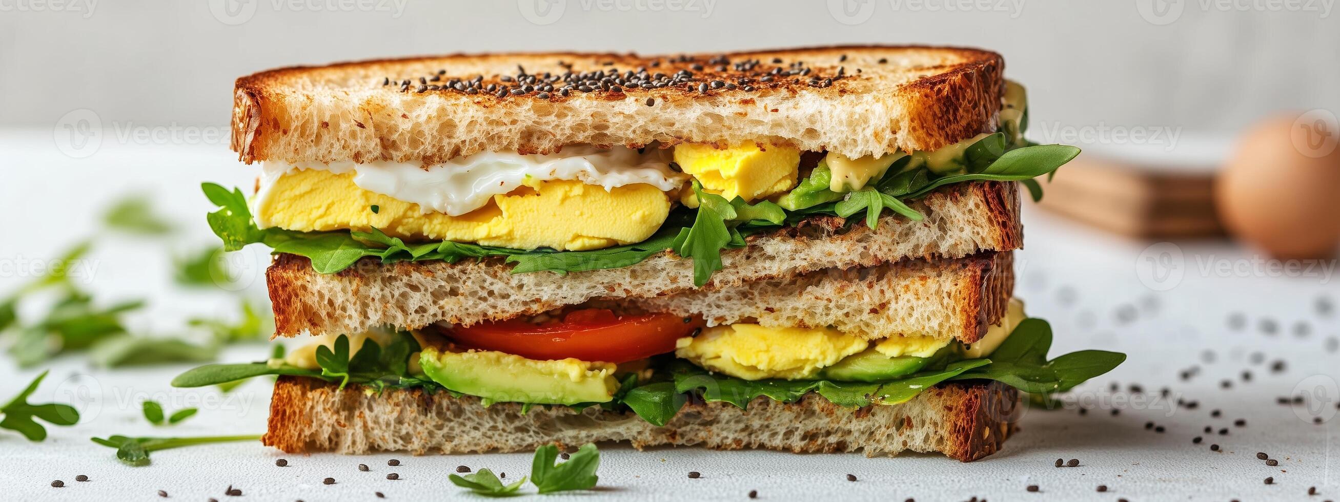 A delicious sandwich layered with eggs, greens, and tomatoes on whole grain bread garnished with seeds on a clean backdrop photo