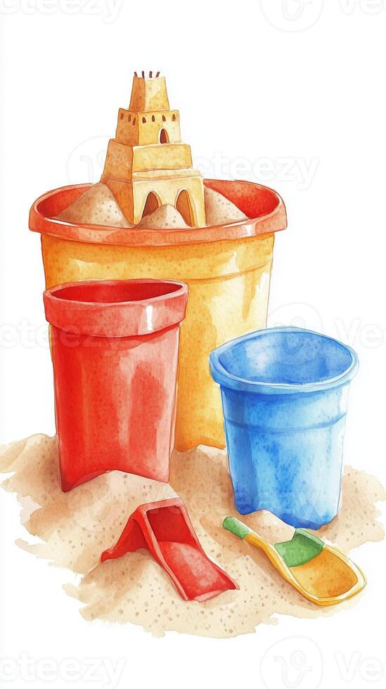 Colorful sand buckets and shovels arranged near a sandcastle on a sunny beach in summer photo