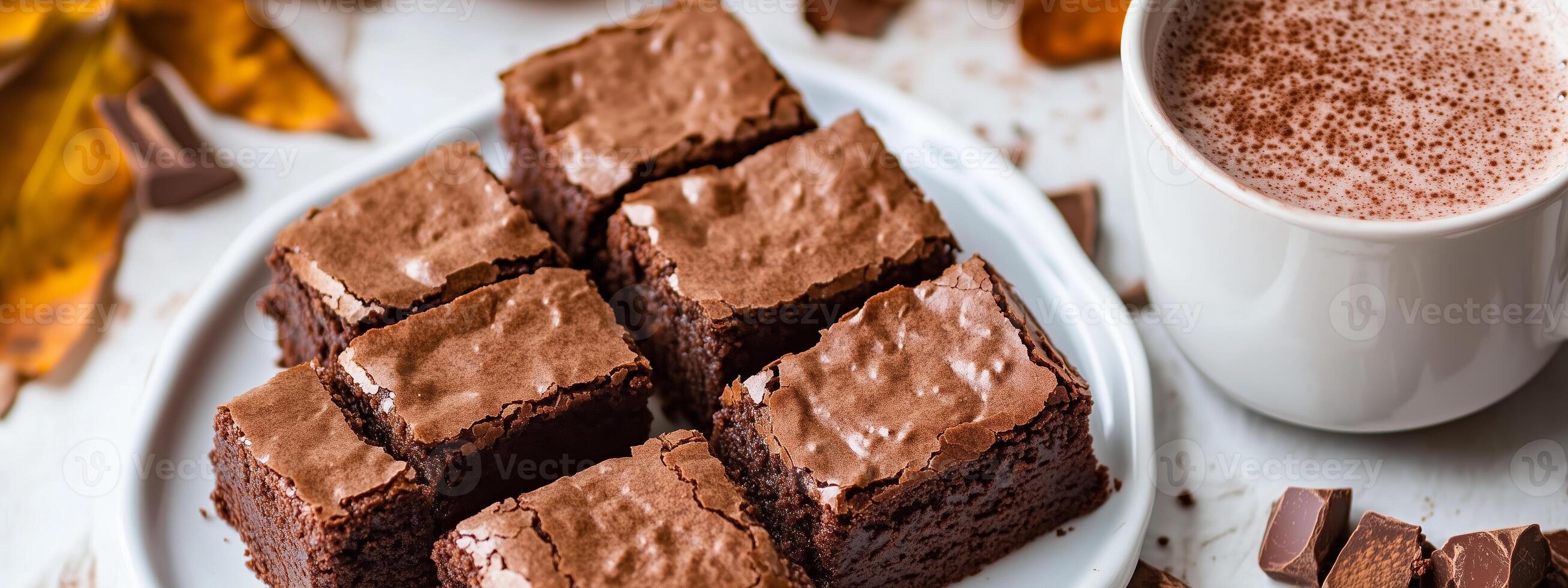 Delicious homemade brownies served with a warm cup of cocoa on a rustic table with autumn leaves in the background photo