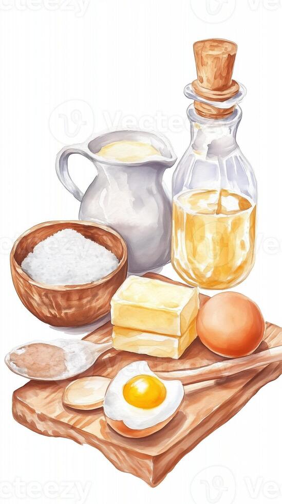 Ingredients for a homemade baked dish arranged on a wooden cutting board with natural light showcasing fresh eggs and dairy products photo