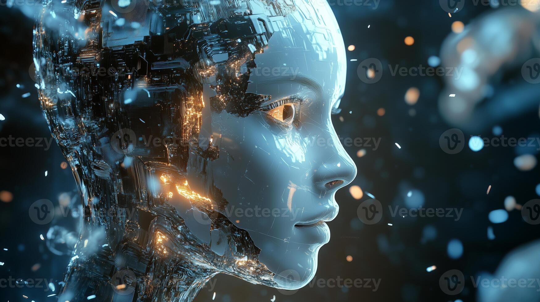 A futuristic robotic figure with luminous elements and intricate designs against a glowing background photo