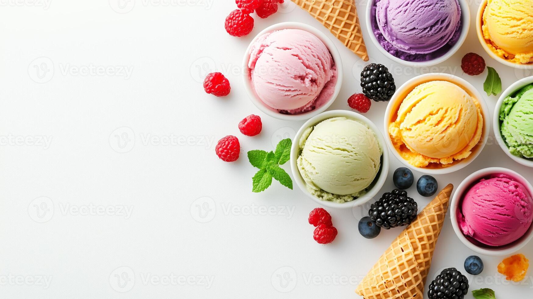Colorful ice cream scoops in bowls with fresh berries and waffle cones displayed on a white background photo