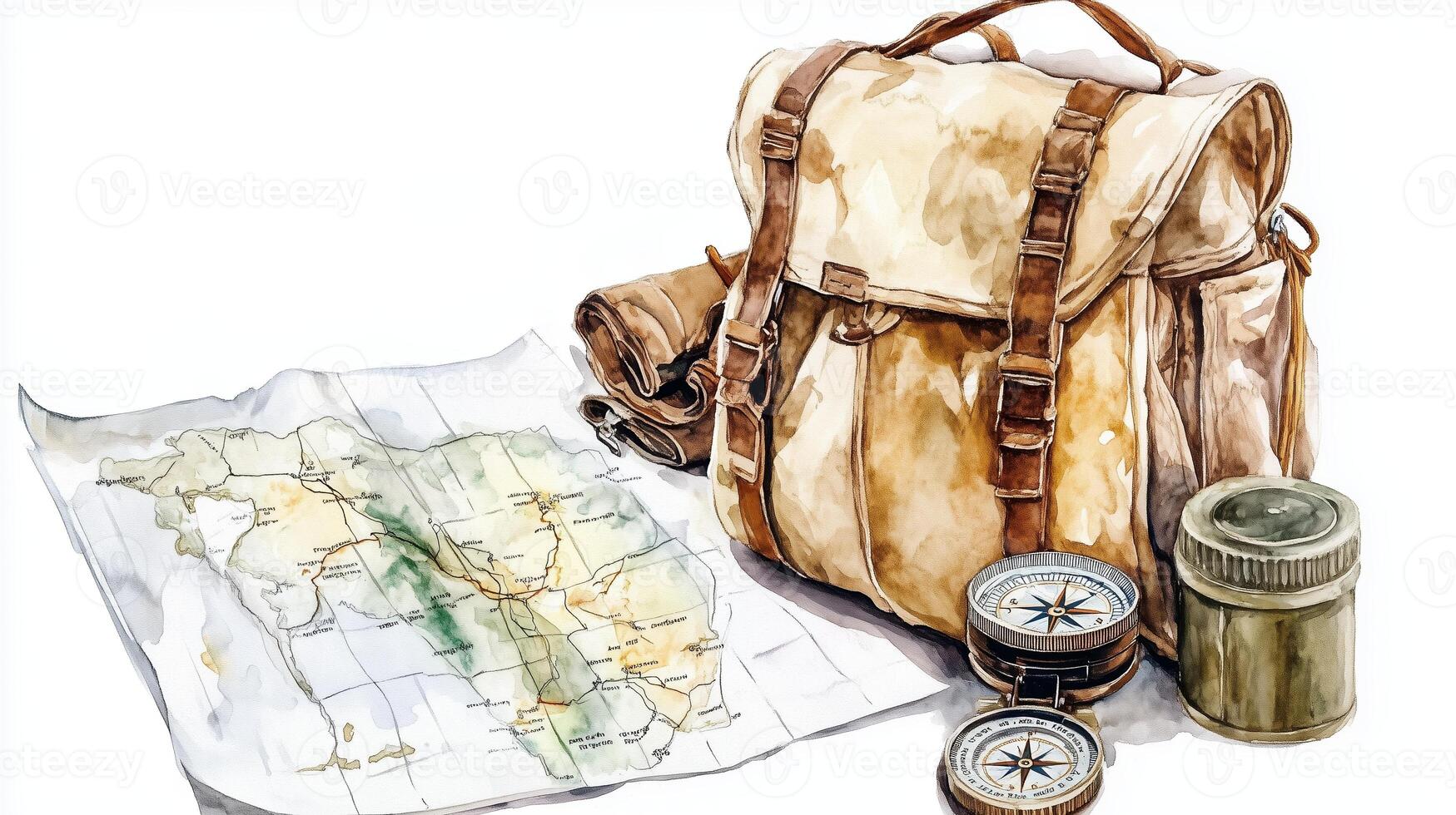 Exploring new adventures with a rugged backpack, map, and compasses set against a blank background photo