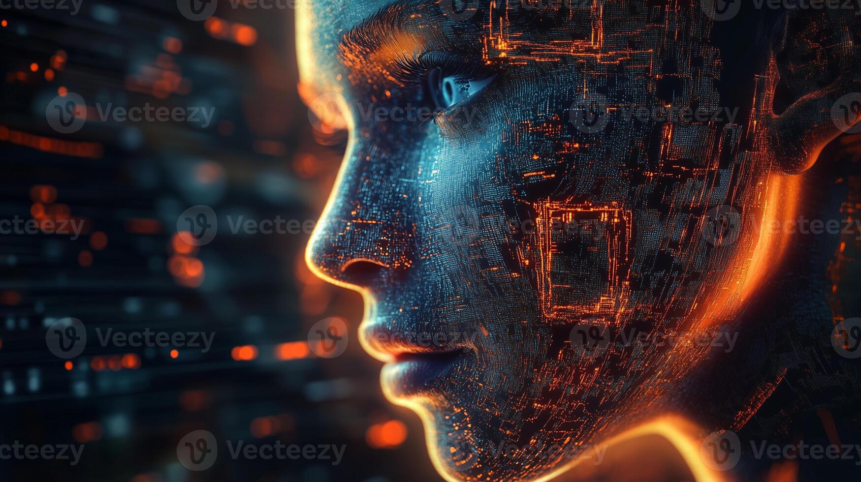 A futuristic digital portrait of a human-like figure with glowing circuits and data streaming across the surface, set against a dark backdrop photo