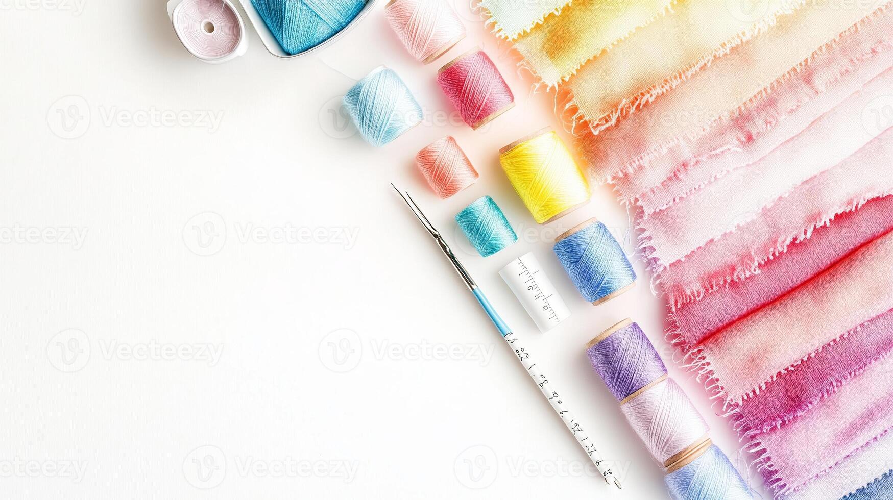 Crafting supplies laid out on a clean surface with colorful threads and fabric, showcasing a creative workspace photo