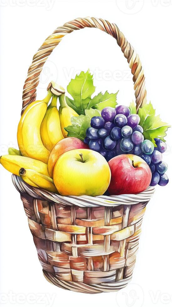 A vibrant fruit basket filled with bananas, apples, grapes, and leaves displayed beautifully against a white background photo