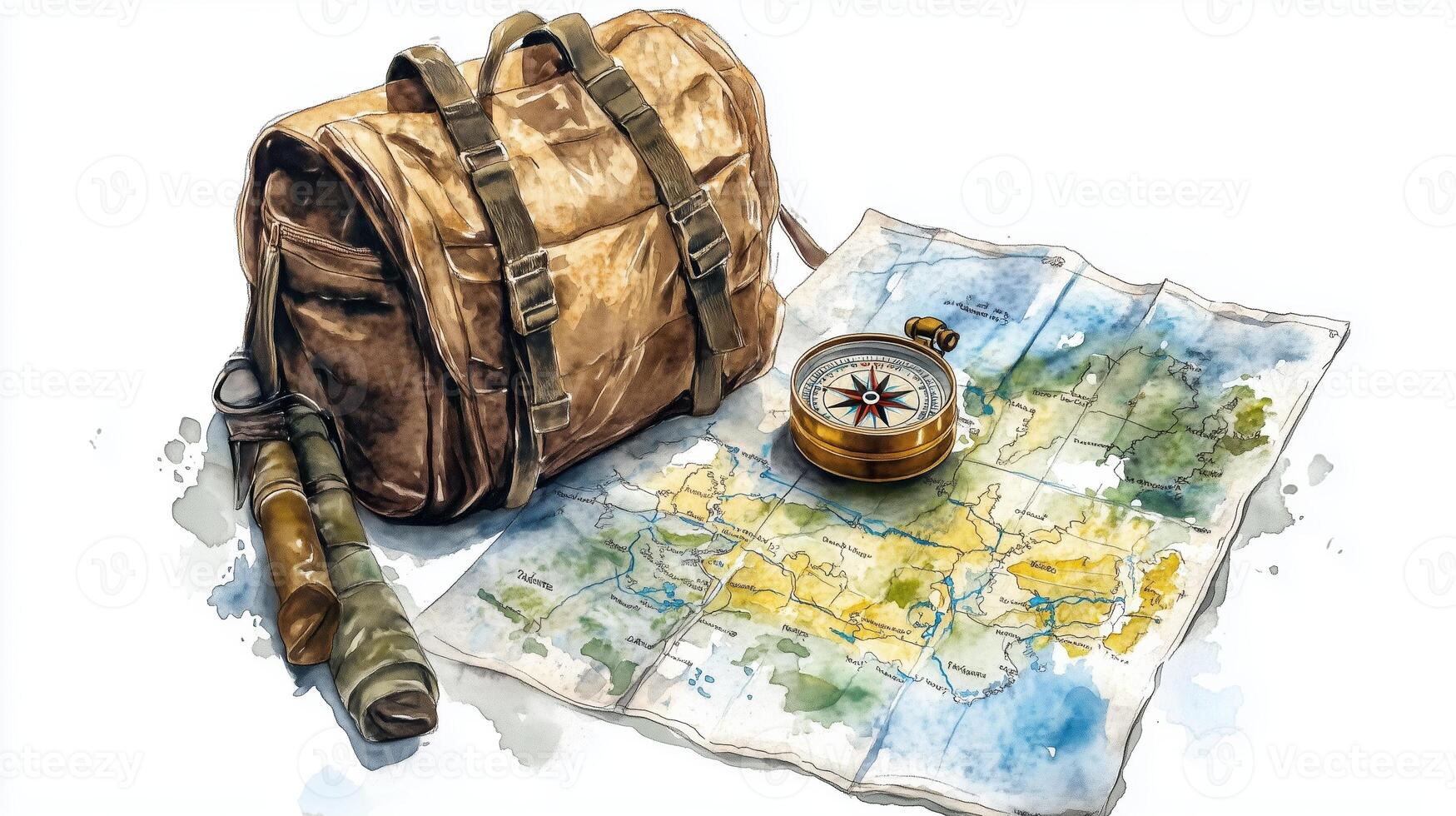 Exploring the wilderness with a hiking backpack, compass, and map on a table for planning adventure trips in nature photo