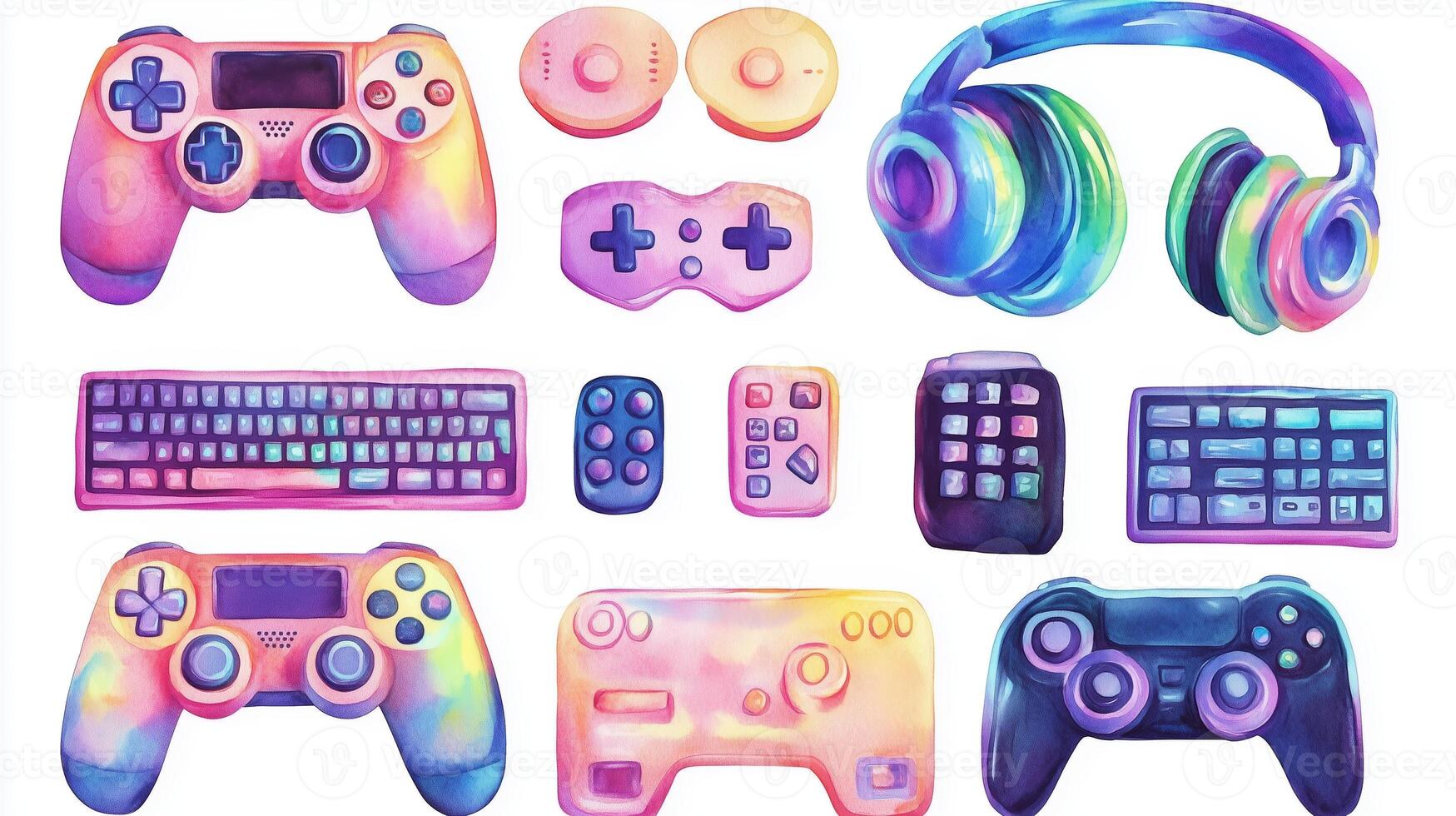 Colorful collection of gaming controllers, headsets, and keyboards displayed on a white background showcasing a vibrant aesthetic photo