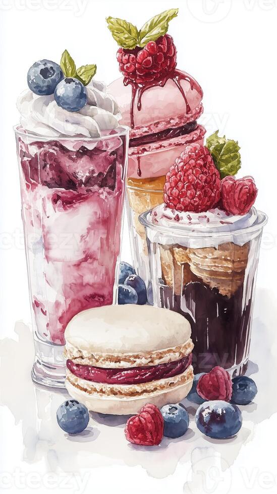 Delicious assortment of desserts featuring ice cream, parfaits, and macarons with fresh berries on a light background photo