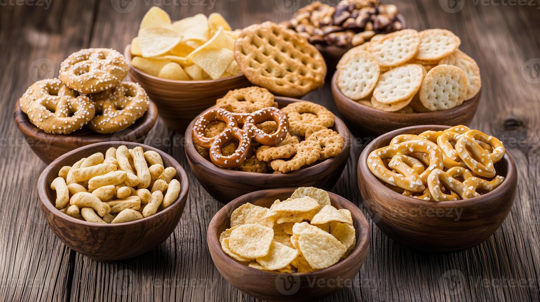 A variety of crunchy snacks served in wooden bowls arranged on a rustic wooden table during a casual gathering photo