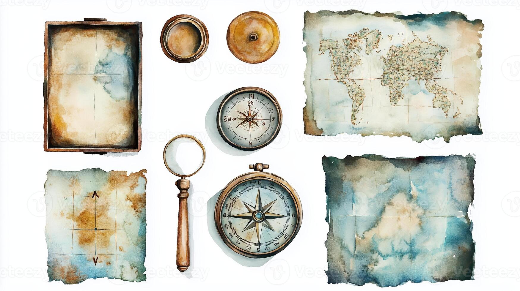 Vintage maps, a compass, and magnifying glass arranged artistically on a textured background for exploration-themed inspiration photo