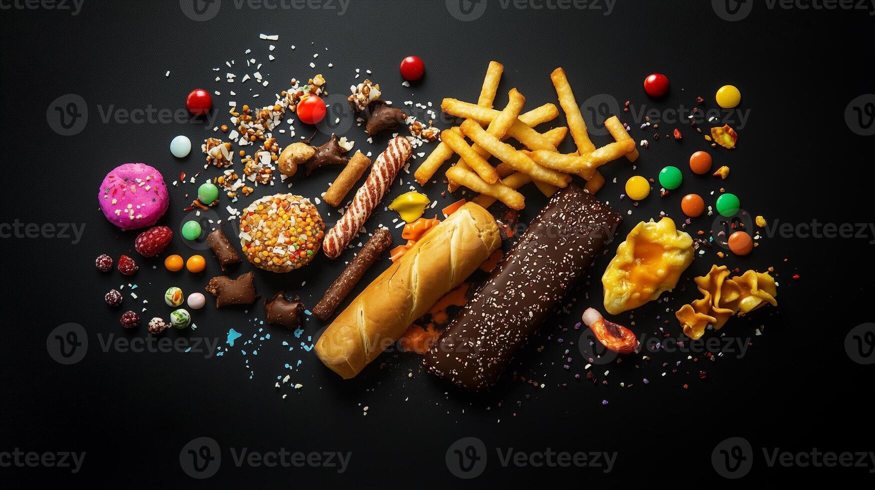 A colorful assortment of candies, snacks, and desserts spread out on a dark surface for a tempting treat choice photo