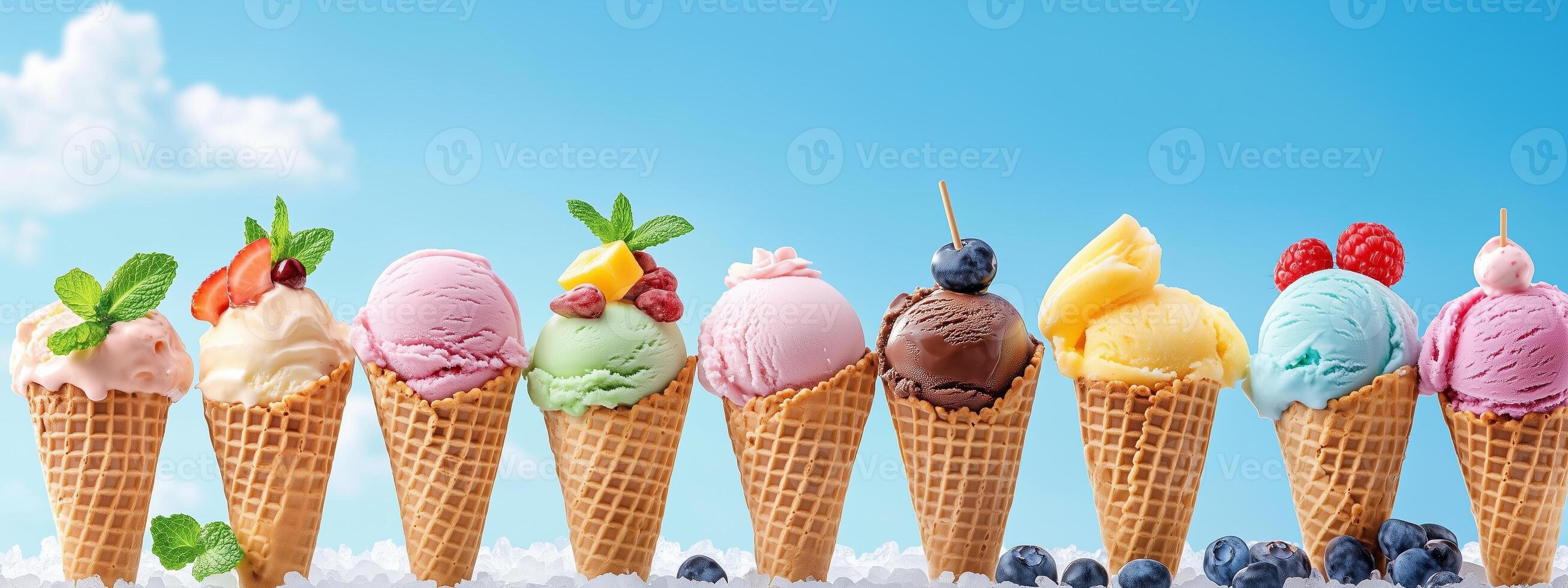 Colorful selection of ice cream cones arranged against a sunny blue sky in a delightful summer setting photo