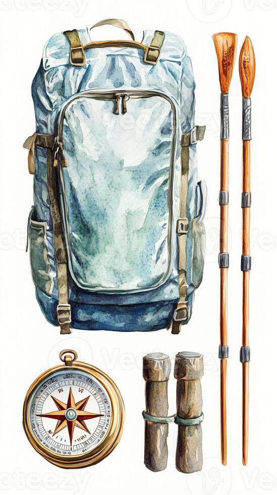 Exploring essentials including a backpack, compass, and paddles for adventurous outings in nature photo