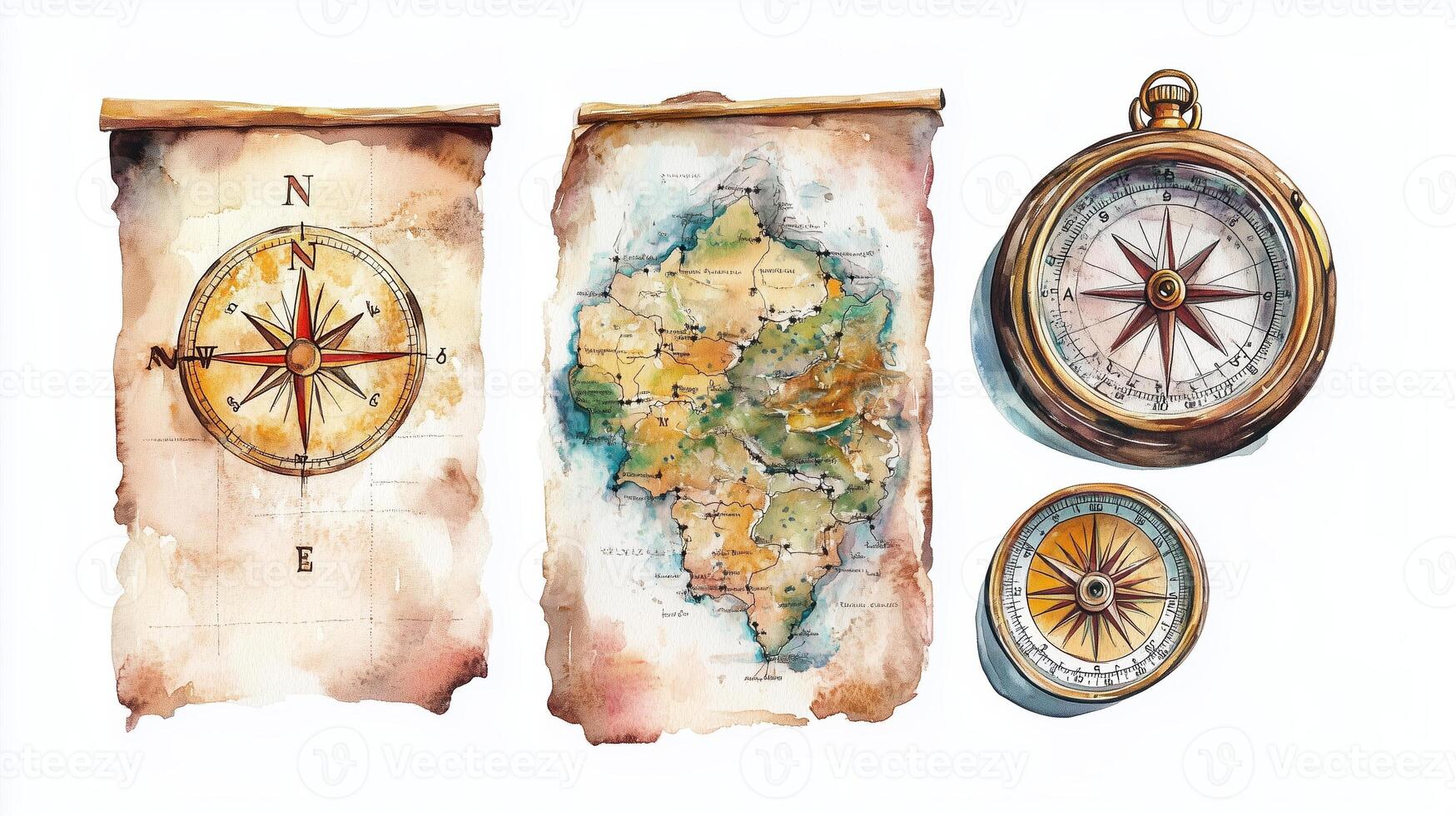 Vintage compass and map illustrations showcasing navigation tools and cartography elements on a parchment background photo