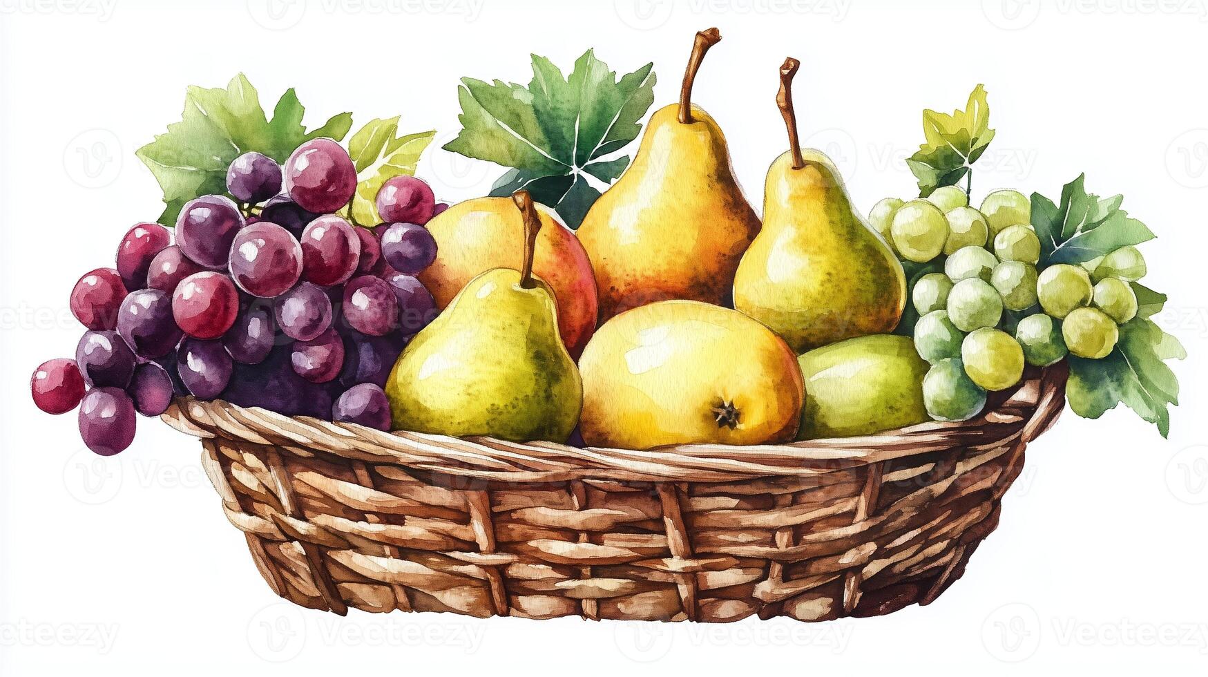 A colorful basket filled with fresh fruits including grapes and pears displayed on a white background photo