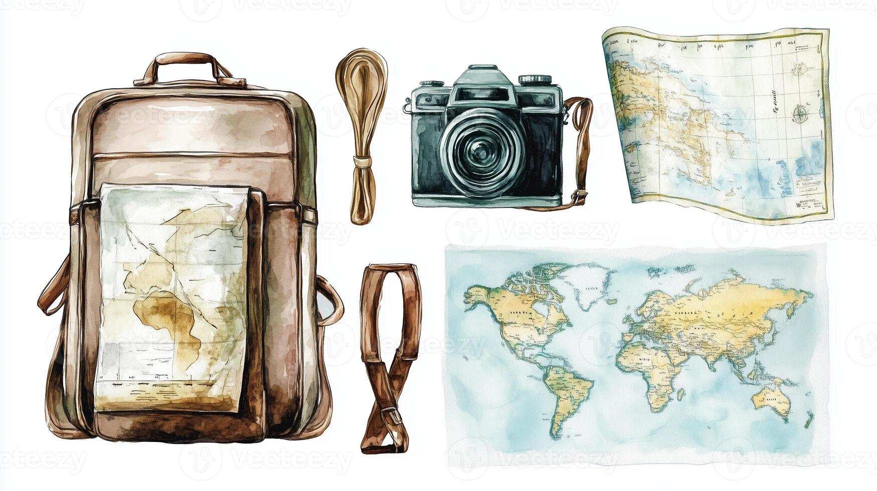 A vintage camera and travel essentials on a map with a backpack highlighting adventure and exploration in a creative layout photo