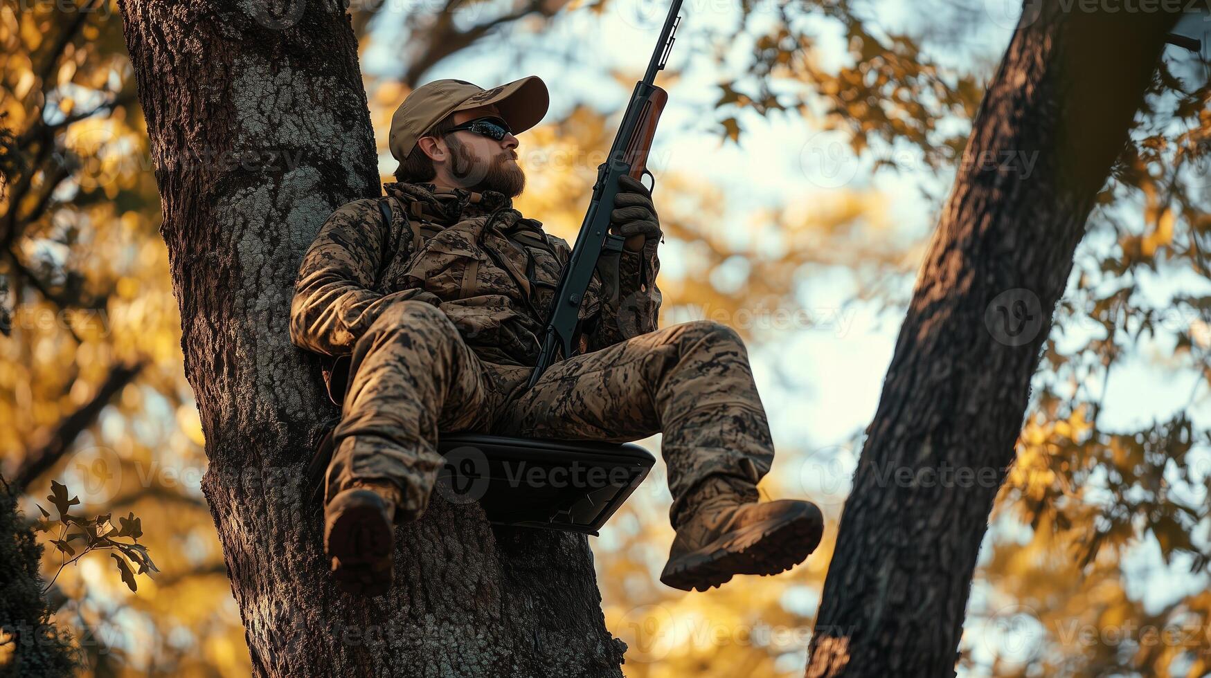 Hunter sitting in a tree stand during autumn, preparing for a deer hunt with a rifle in a forested area photo