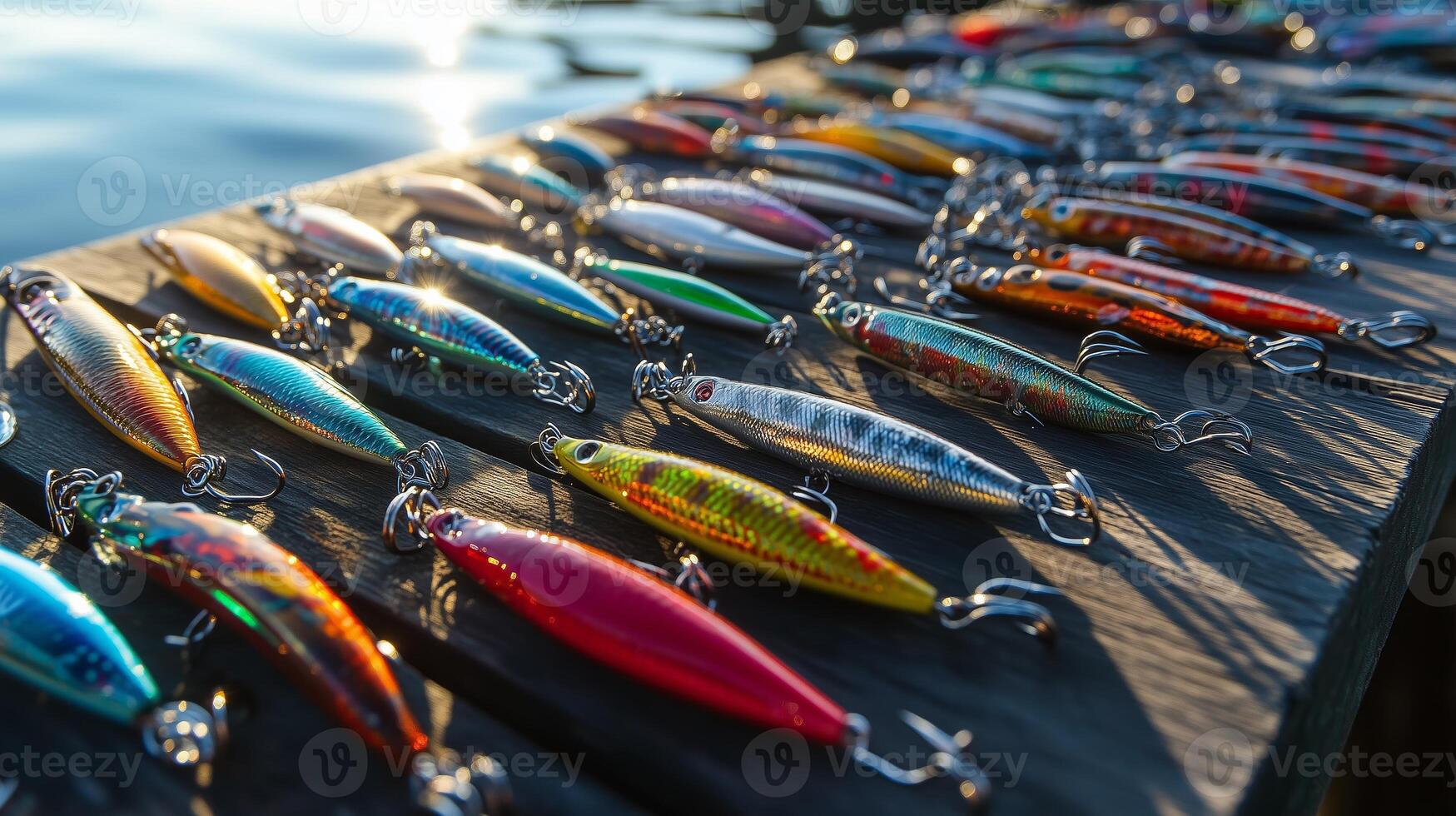 Colorful fishing lures arranged on a wooden dock beside a calm lake during the late afternoon light photo