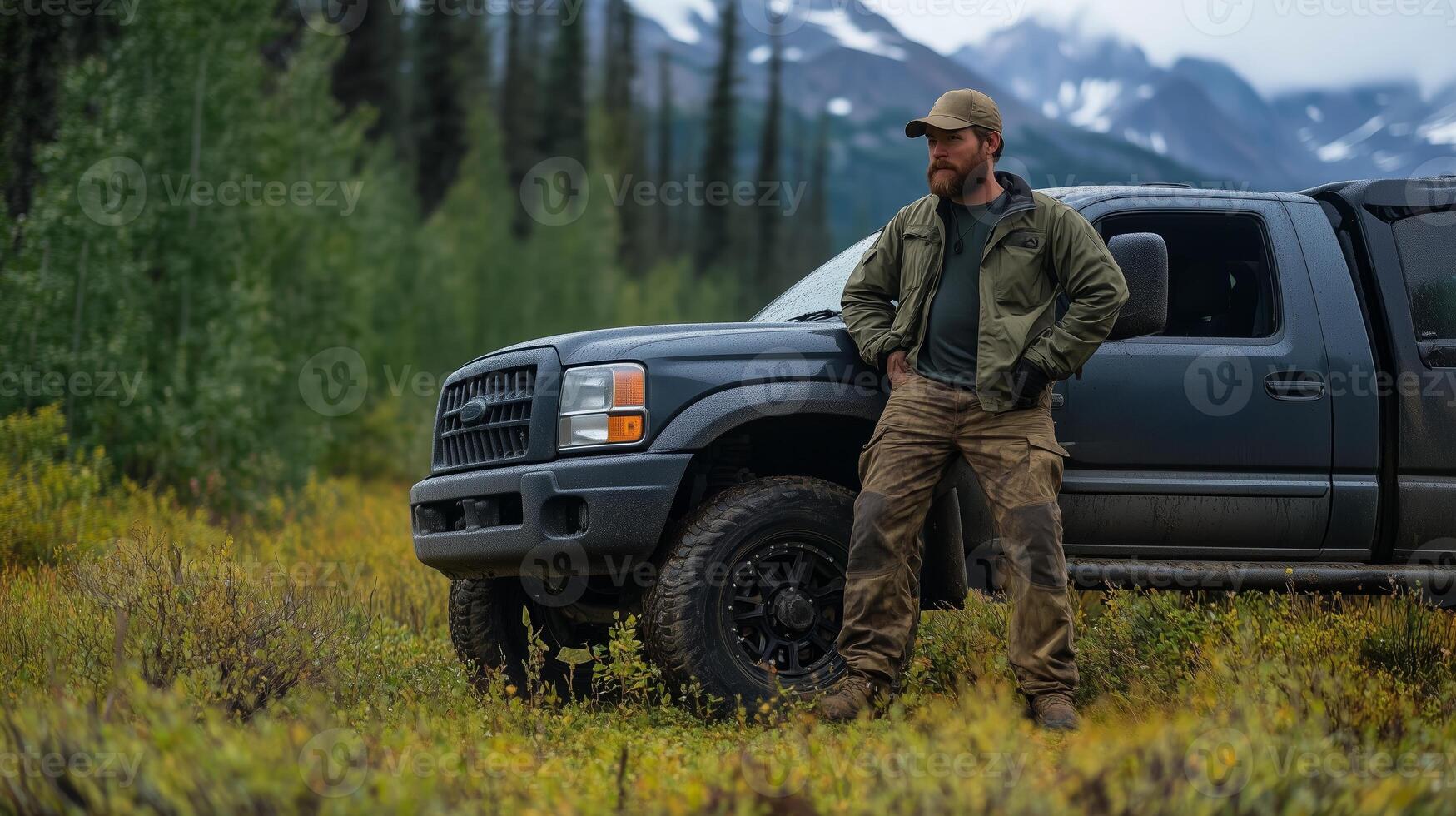 A man stands beside a rugged truck amidst a stunning mountain landscape in early morning light during an outdoor adventure photo