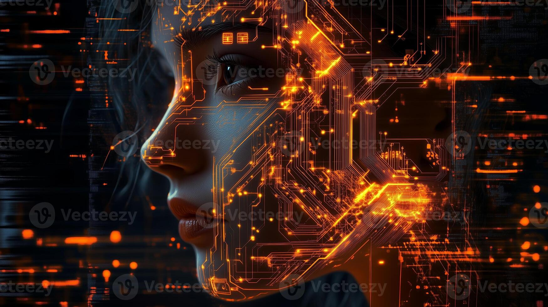 A futuristic portrait of a woman with digital circuitry and glowing patterns on her face in a darkened environment photo