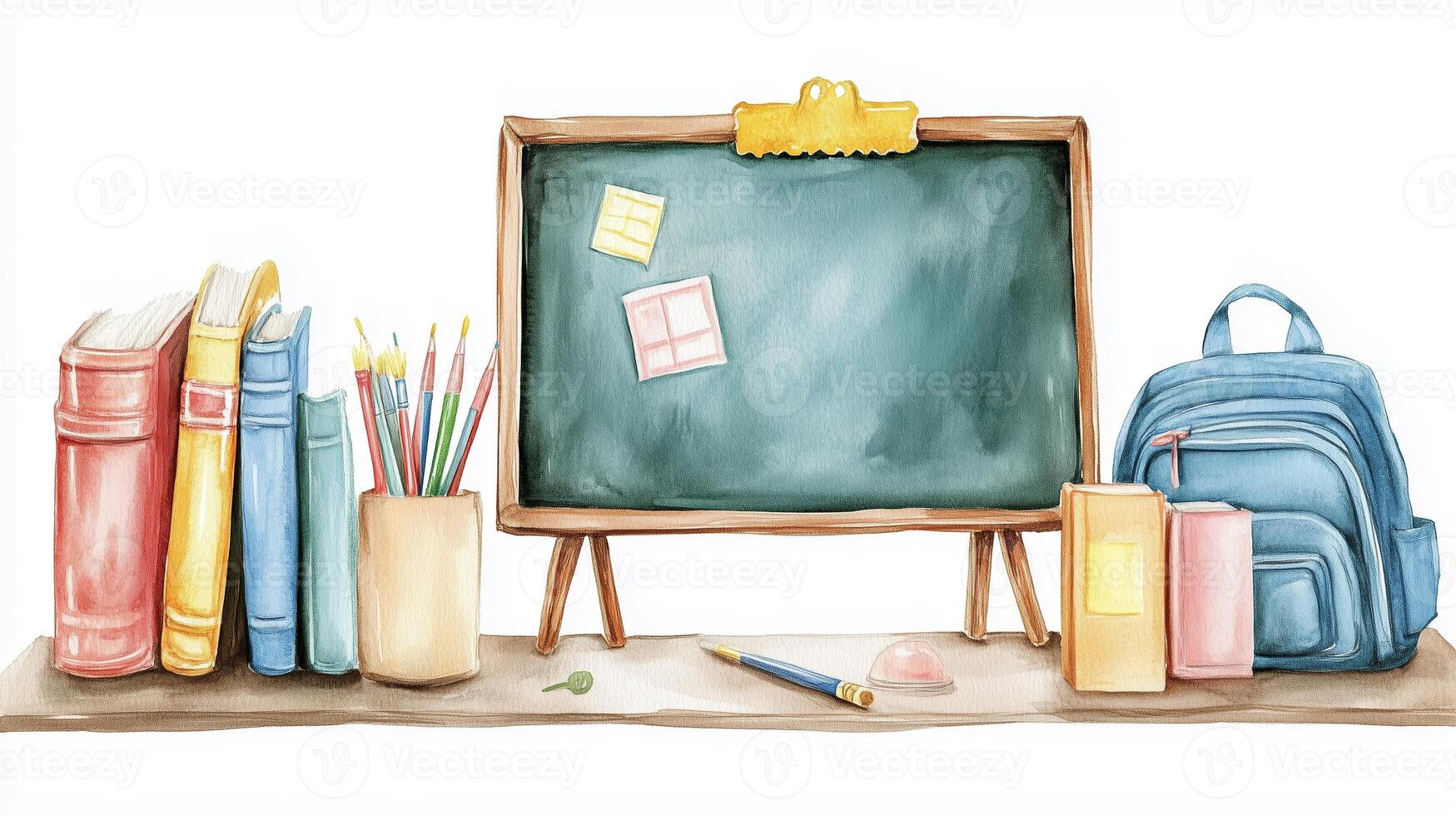 Colorful study corner with books, stationery, and a chalkboard set up for a productive learning session photo