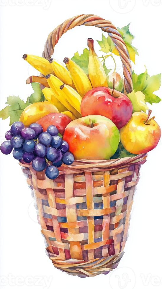 Colorful basket filled with ripe fruits including bananas, apples, and grapes on a white background photo