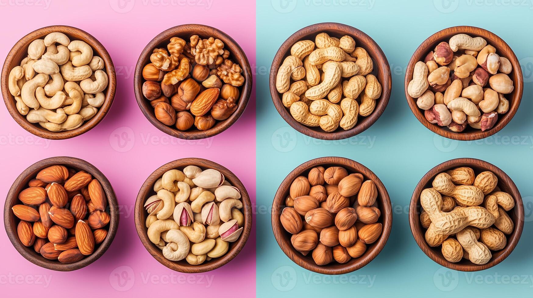 A vibrant display of assorted nuts in wooden bowls arranged on colorful backgrounds for healthy snack ideas photo