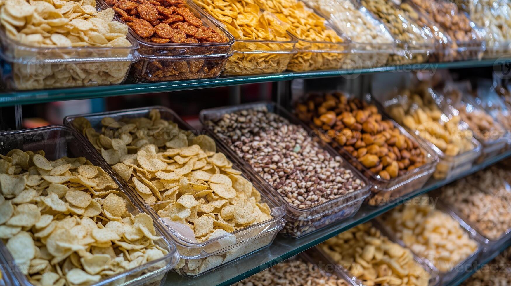 A colorful variety of crunchy snacks displayed in clear containers at a market in mid-afternoon sunlight photo