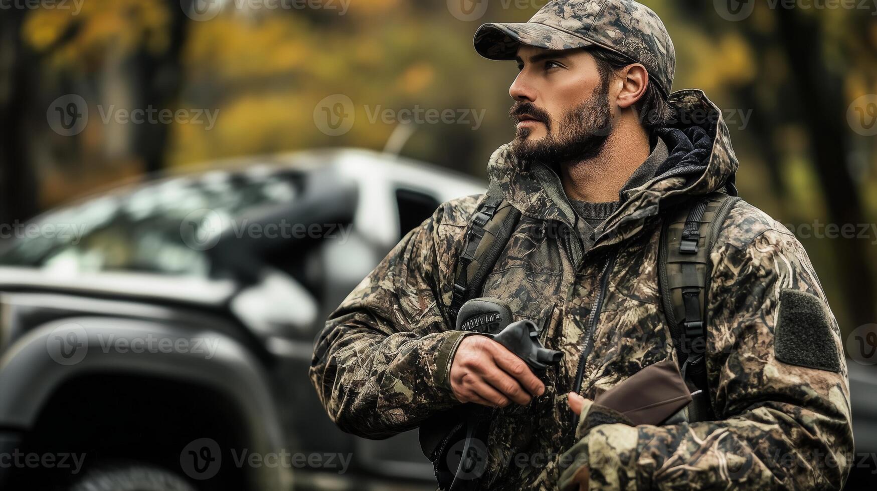 A man in camouflage gear stands in a forest with a firearm, observing his surroundings during a hunting expedition in autumn photo