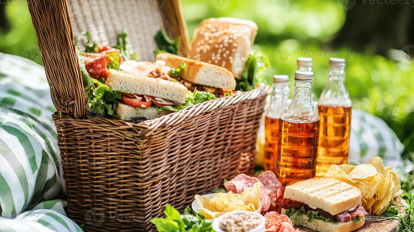 A picnic basket full of sandwiches and drinks in a lush green park on a sunny day photo