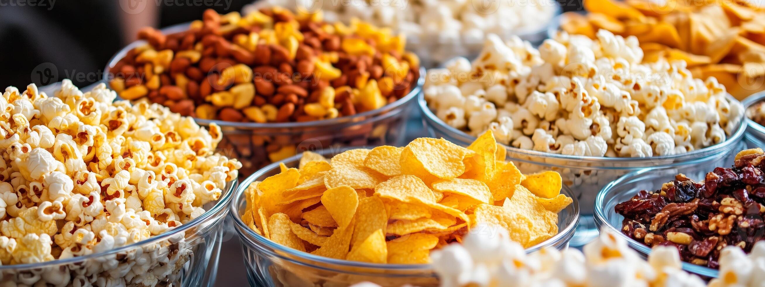 Colorful assortment of snacks including popcorn, nuts, and chips at a festive gathering during an afternoon celebration photo