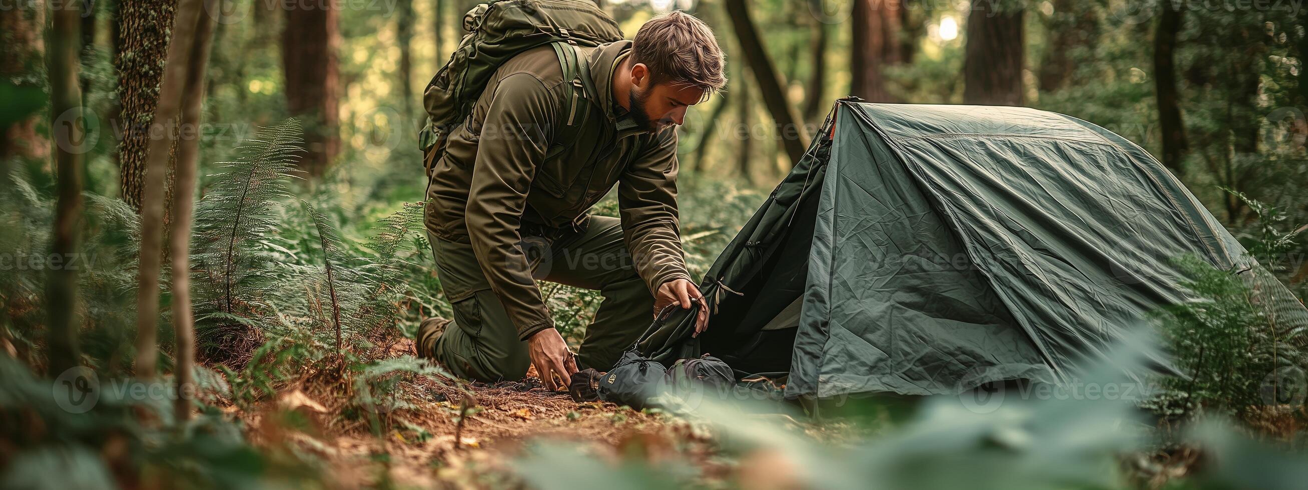 A man sets up a tent in a lush forest during a peaceful camping adventure in the early morning light photo