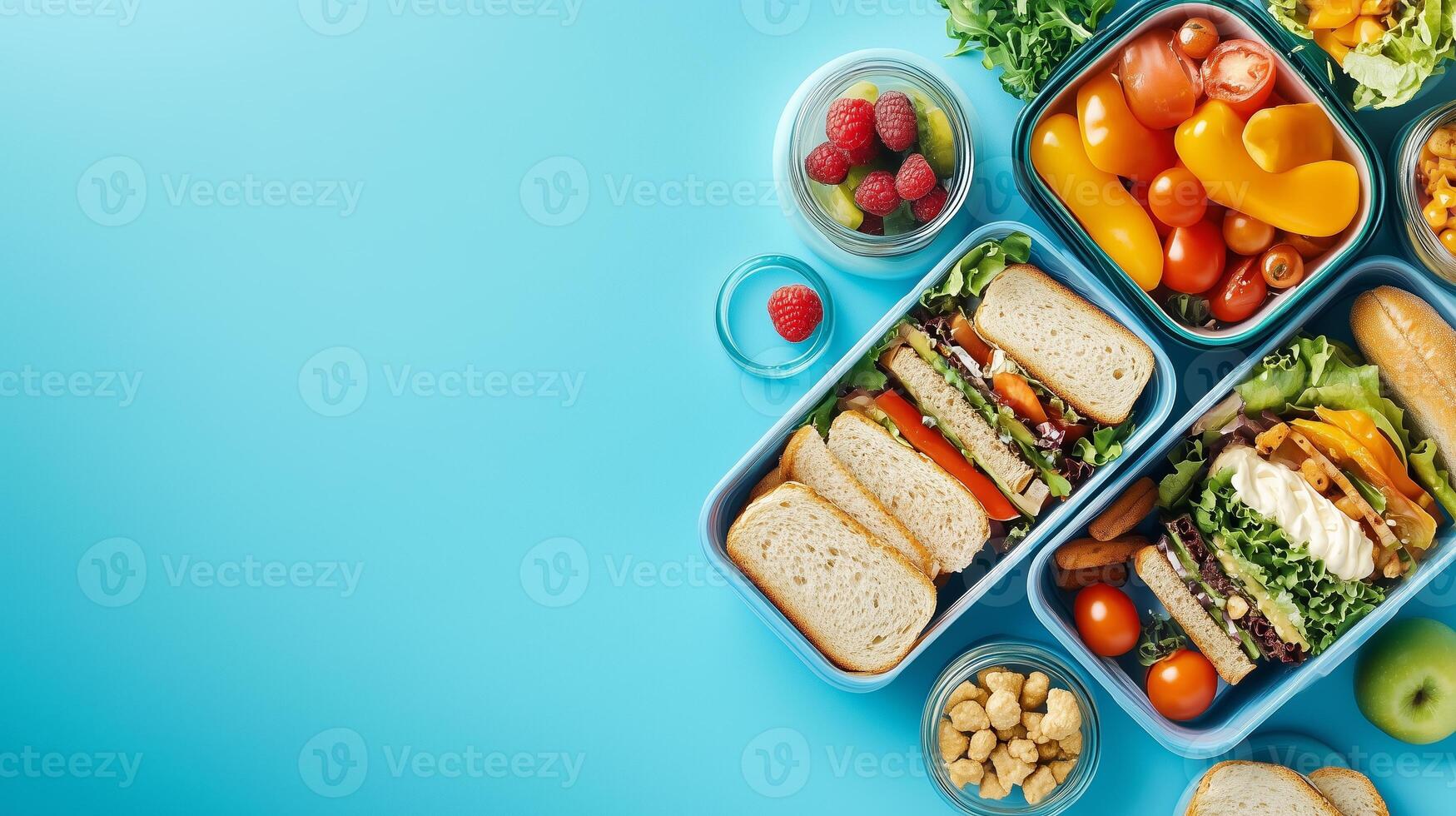 Freshly prepared lunch boxes filled with healthy sandwiches, salads, and fruits on a bright blue background photo