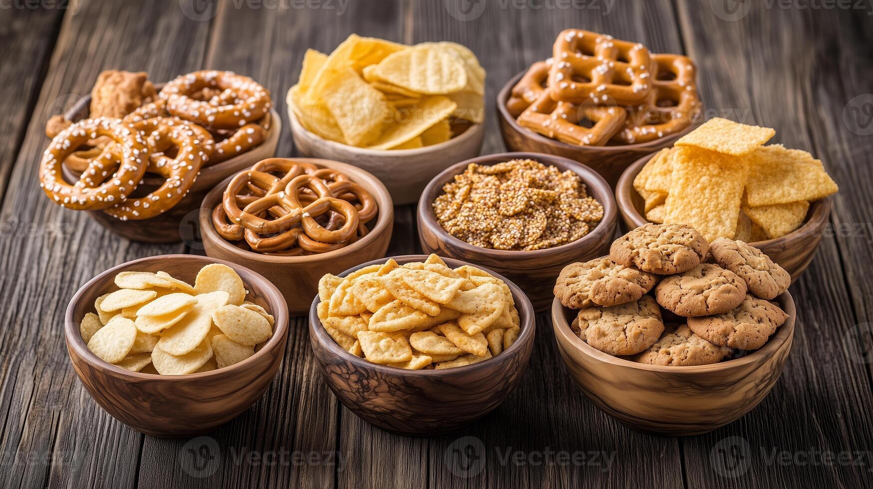 A variety of crunchy snacks displayed in wooden bowls on a rustic wooden surface perfect for sharing at parties or casual gatherings photo