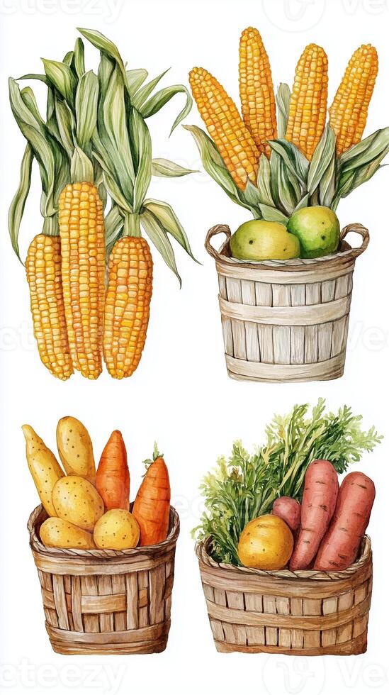 Colorful assortment of fresh vegetables and corn displayed in rustic baskets on a bright background photo