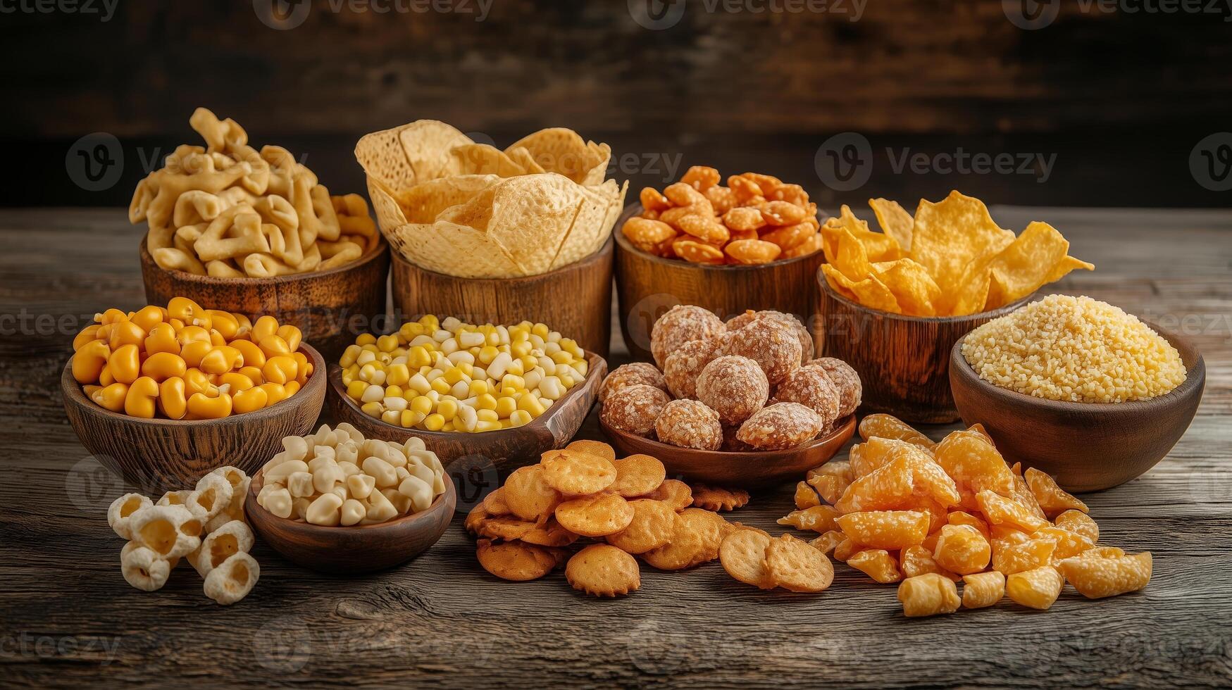 A vibrant assortment of snacks displayed in wooden bowls on a rustic table, showcasing a variety of textures and flavors photo