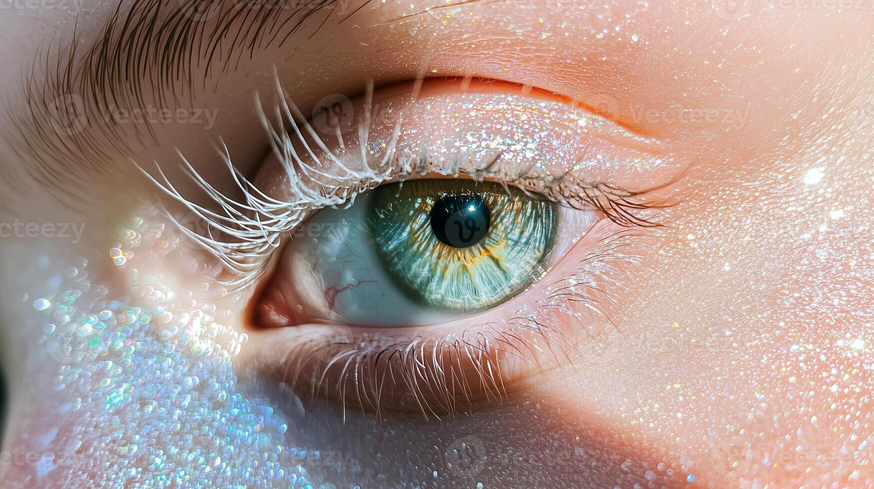 Close-up of a shimmering green eye with bright lashes and sparkling makeup reflecting light in a vibrant outdoor setting photo