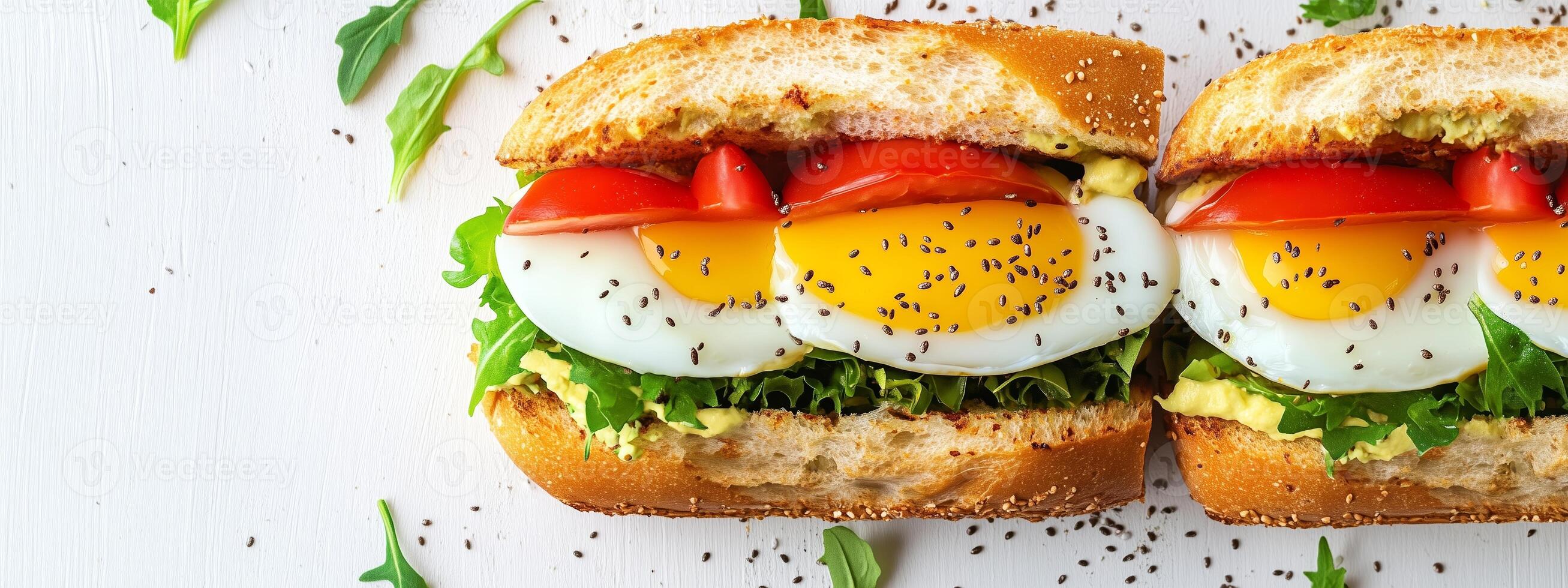 Fresh egg and vegetable sandwich with lettuce and tomatoes on a rustic wooden table at brunch time photo