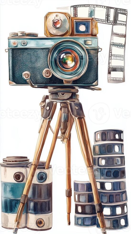 Vintage camera on a tripod surrounded by rolls of film showcasing the art of photography in a retro style photo