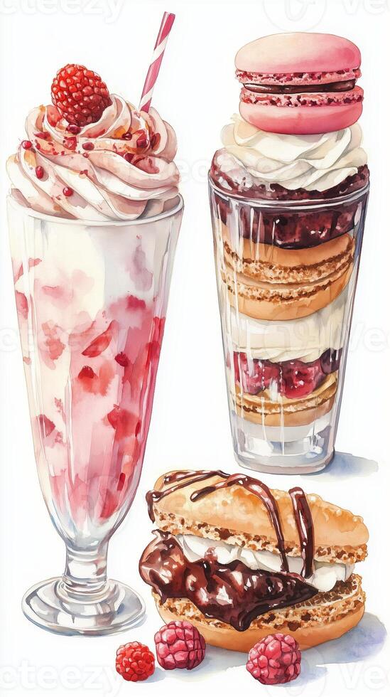 Delicious desserts featuring raspberry parfait, layered macarons, and chocolate eclairs displayed on a bright background photo
